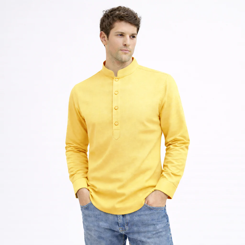 Cotton Chinese Collar Short Kurta for Men | Traditional Nehru Ethnic Shirts | Daily Wear-Yellow - Image 3