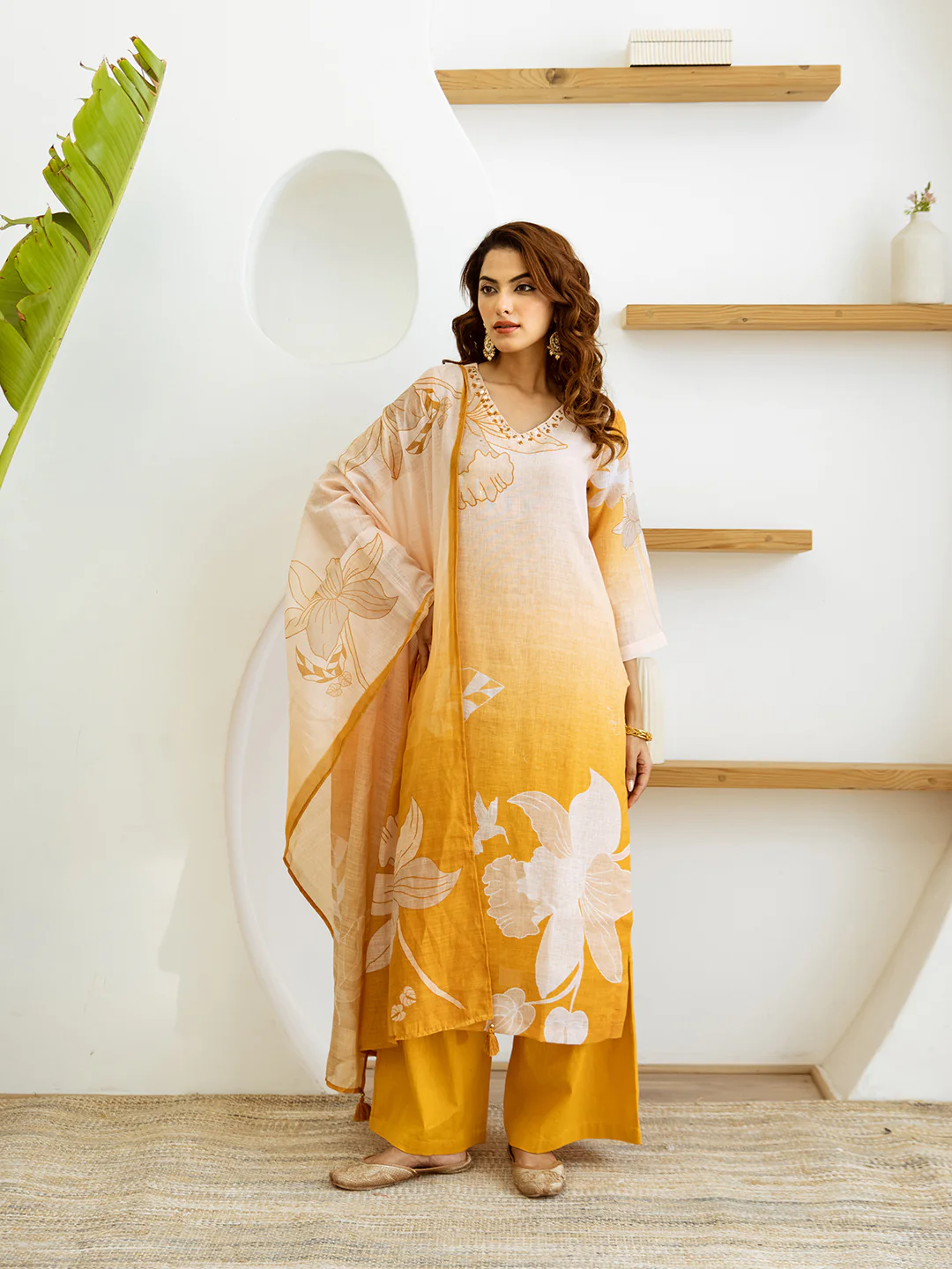 FLORAL PRINTED LINEN STRAIGHT KURTA SET WITH DUPATTA | THREE-PIECE ETHNIC WEAR FOR WOMEN | PLUS SIZE AVAILABLE-Yellow - Image 7