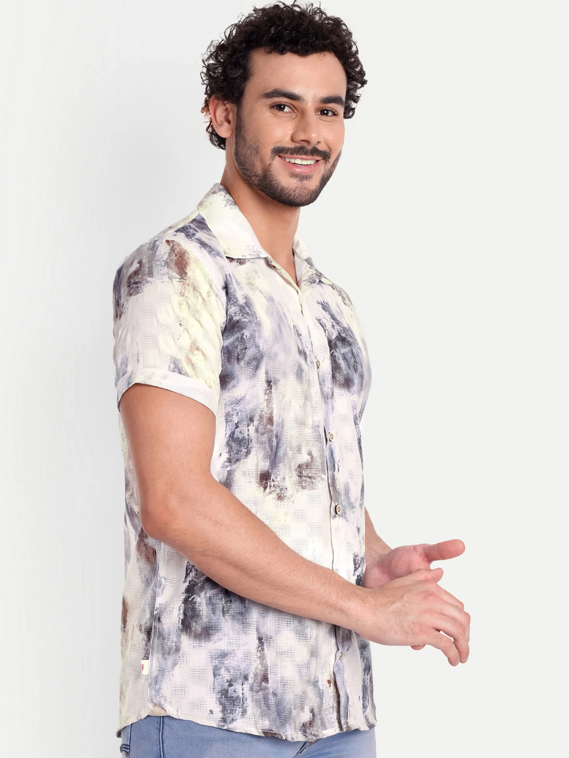 White Printed Textured Half Shirt - Image 3